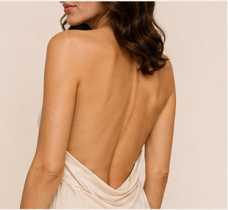 Backless outfit styled with SKNBYSN bra alternatives