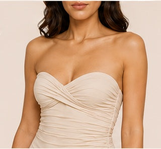 Strapless outfit styled with SKNBYSN adhesive bra and nipple covers